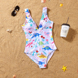 Matching Family Swimsuit Dinosaurs Prints Swim Trunk Shorts and V-Neck Padded Monokini Bikini Set Swimwear