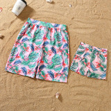Matching Family Swimsuit Palm Leaves Prints Swim Trunks and Pink Ruffles Pompoms High Waist Bikini Set Swimwear