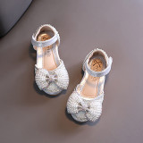 Girls Princess Glitter Sequins Pearl Bow Soft Flat Soled Dress Shoes