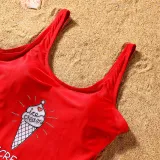 Matching Family Swimsuit Icecream Prints Red Swim Trunks and Padded Monokini Bikini Set Swimwear