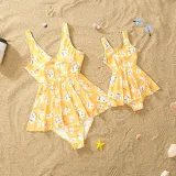 Matching Family Swimsuit Flower Prints Yellow Swim Trunks and Ruffle Hem Bikini Set Swimwear