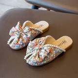 Kids Girl Floral Cloth Pearl Bowknot Soft Rubber Flats Summer Slipper Shoes