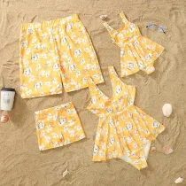 Matching Family Swimsuit Flower Prints Yellow Swim Trunks and Ruffle Hem Bikini Set Swimwear