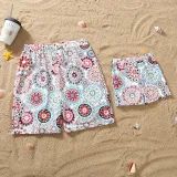 Matching Family Swimsuit Round Flower Prints Swim Trunks and Backless V-Neck Bikini Set Swimwear