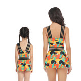 Matching Family Swimsuit Palm Leaves Prints Hight Waist Mom and Me Swimwear