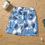 Matching Family Swimsuit Blue Palm Leaves Prints Swim Trunks and White Ruffles Pompoms High Waist Bikini Set Swimwear