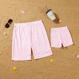 Matching Family Swimsuit Pink Strips Swim Trunk Shorts and Ruffle Padded Monokini Bikini Set Swimwear