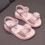 Kids Girl Glittering Mesh Pearl Bowknot Soft Flats Summer Sandal Dress Shoes