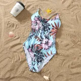 Matching Family Swimsuit Palm Leaves Prints Swim Trunks and Backless Crossing Bikini Set Swimwear