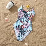 Matching Family Swimsuit Palm Leaves Prints Swim Trunks and Backless Crossing Bikini Set Swimwear