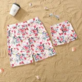 Matching Family Swimsuit Pink Flower Swim Trunks and Ruffle High Waist Bikini Set Swimwear