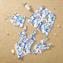 Matching Family Swimsuit Flower Prints Swim Trunks and Deep V One Piece Bikini Swimwear