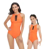 Matching Family Swimsuit Crossing Halter Mesh Palm Leaves Mom and Me Swimwear