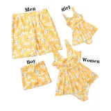 Matching Family Swimsuit Flower Prints Yellow Swim Trunks and Ruffle Hem Bikini Set Swimwear