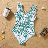 Matching Family Swimsuit Palm Leaves Swim Trunks and V-Neck Ruffles Bikini Set Swimwear