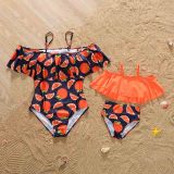 Matching Family Swimsuit Orange Fruits Prints Swim Trunks and Ruffles Bikibi Swimwear