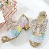 Girls Rainbow Princess Sequins Glitter Bowknot Stubby Heel Dress Shoes