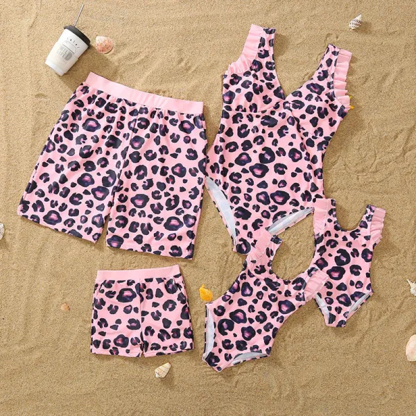 Matching Family Swimsuit Swimsuit Pink Leopard Swim Trunks and Ruffle Pink Bikini One Piece Swimwear