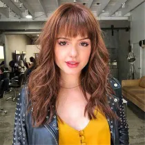 Women Hot Brown Natural Wavy Wigs With Neat Bang
