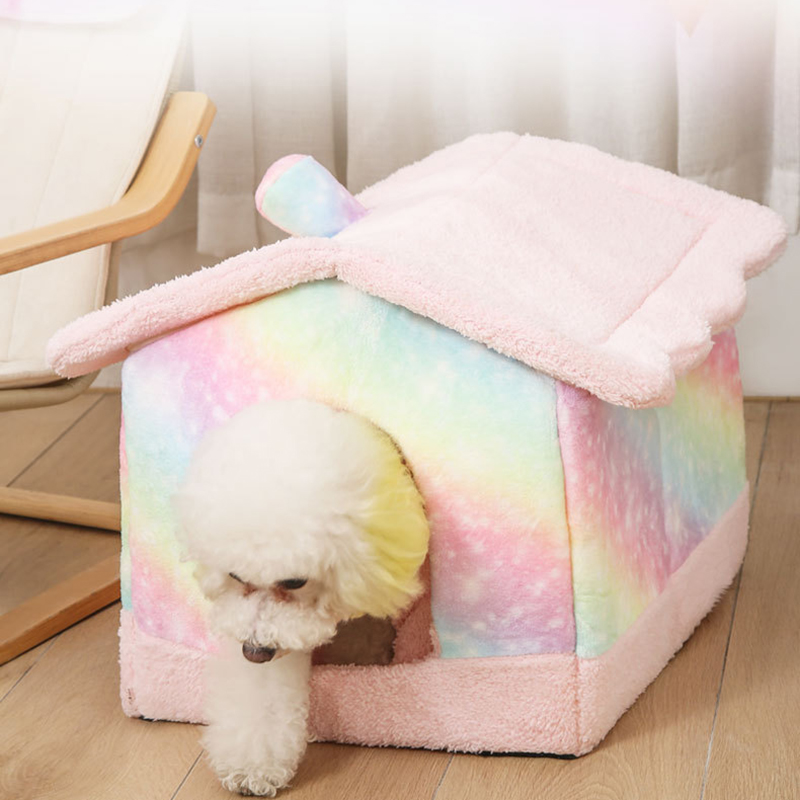 Semi Enclosed Washable Flannel Dog Kennel Bed Pet House