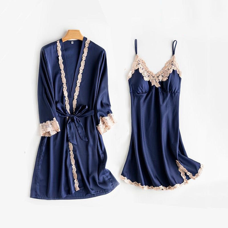 Women 2 Pieces Satin Silk Sleep Dress Sling Lace Dress and ong Sleeve Robe Pajamas Set
