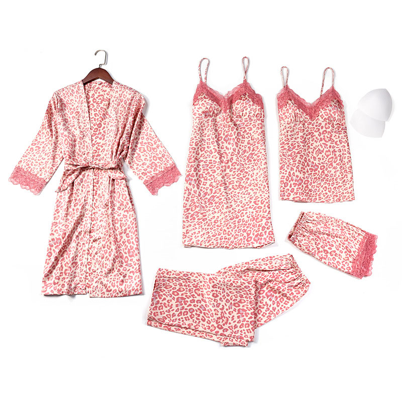 Women 5 Pieces Satin Silk Sleepwear Leopard Print Sleep Dress and Cami Tops Pajamas Set