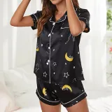 Women 2 Pieces Satin Silk Sleepwear Short Sleeve Mixed Print Shirt and Shorts Pajamas