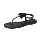Women White Pearls Bow Tie Flip-Flops Ankle Buckle Sandals