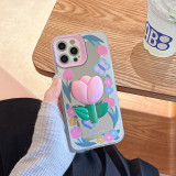 Pink Tulip Mirror Drop Proof Phone Case for iPhone13 12 11 Pro Max with Tulip Bracket