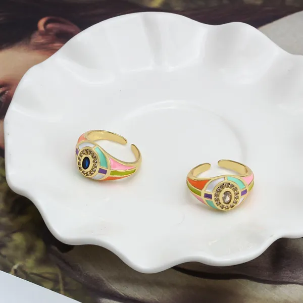 Enamel Color Double Layer Oval Gold Plated Crystal Open Rings Women Jewelry For Party