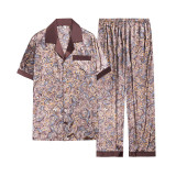 Women 2 Pieces Satin Silk Sleepwear Short Sleeve Shirt and Oants Pajamas Set