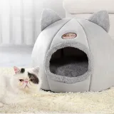 Grey Cat Ear Circular Semi Closed Plush Warm Dog Cat Kennel Pet House