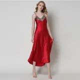 Women Sling Sleeveless Lace V-Neck Sleepwear Solid Color Silk Maxi Dress Pajamas