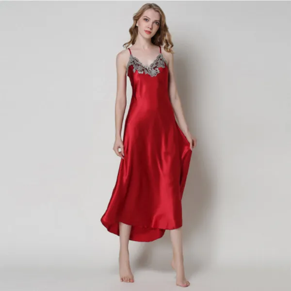 Women Sling Sleeveless Lace V-Neck Sleepwear Solid Color Silk Maxi Dress Pajamas
