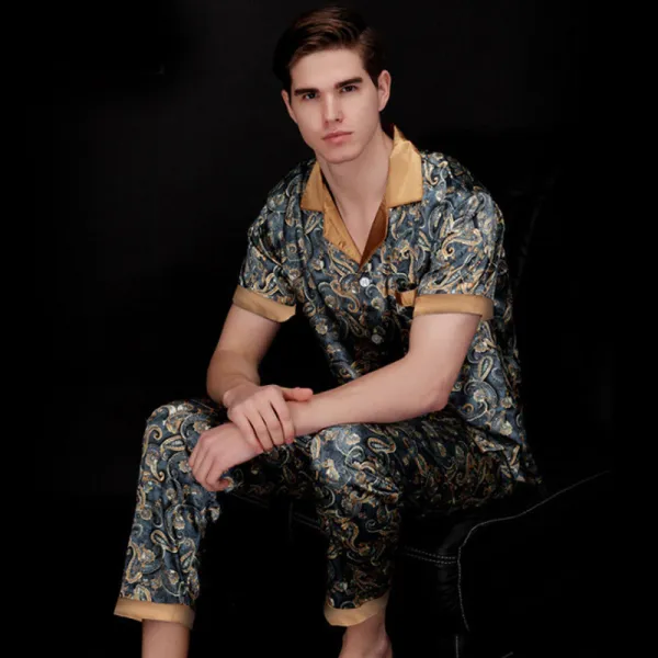Women 2 Pieces Satin Silk Sleepwear Short Sleeve Shirt and Oants Pajamas Set