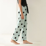 Women 2 Pieces Sleepwear Silk Sling Sleeveless Lace Black Top and Long Pants Pajamas Set