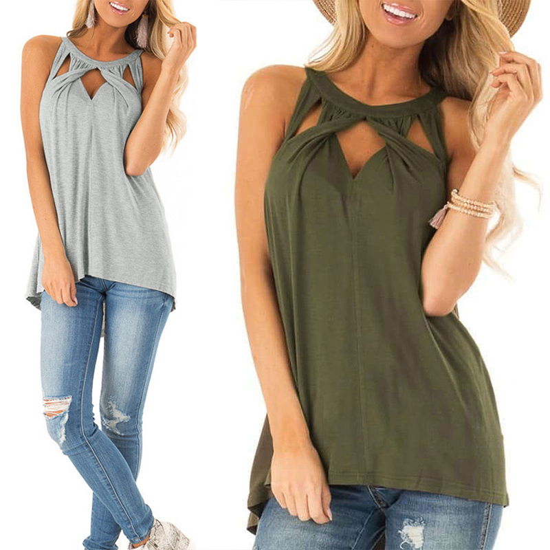 Women Halter Hollow Out Sleeveless Casual Loose T-shirts