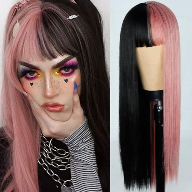 Women Halloween Pink and Black Long Straight Wig