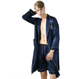 Men 2 Pieces Satin Silk Sleepwear Long Sleeve Robe Nightgown and Shorts Pajamas Set