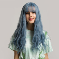 Women Long Straight Blue Wig With Neat Bangs
