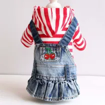 Pet Small Dog Red Striped Hooded Shirt Denim Strap Dress with Cherry Puppy Cloth