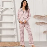 Women 2 Pieces Pink Sleepwear Long Sleeve Button Shirt and Long Pants Pajamas Set