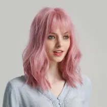 Women Pink Short Natural Wave Wigs With Neat Bang