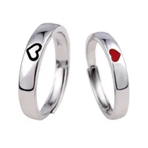 Women Men Couple Ring Adjustable Custom Red And Black Heart Love Cute Pattern Rings