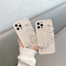 3D Heart Frame Drop Proof Phone Case for iPhone13 12 11 Pro Max with Transparent Flowers Chain