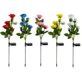 Solar Rose Flower Beautiful Garden Decorative Stainless PVC Stake Lamp Multi Color Floral Lighting for Lawn Landscape