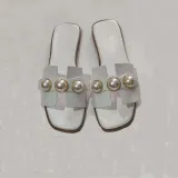 Women Lenuine Leather Pearls Block Flat Sandals Shoes