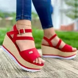 Causal Belt Bucket Solid Color Stylish Fish Mouth Open Toe Wedge Sandals