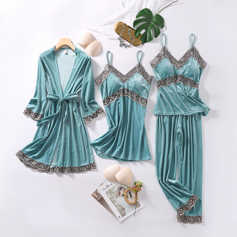 Women 4 Pieces Gold Velvet Sleepwear Lace Sling Dress and Tops Pajamas Set