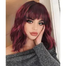 Women Short Wavy Hair Wigs Synthetic Hair Bangs Wigs